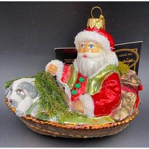 Kurt Adler Polonnaise Santa Dog in Canoe Boat Christmas Blown Glass Ornament